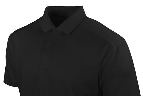Men's Midweight Short Sleeve Polo Shirt in Classic Black Featuring 100 Percent Polyester Moisture Wicking Snag Resistant Fabric close-up view.
