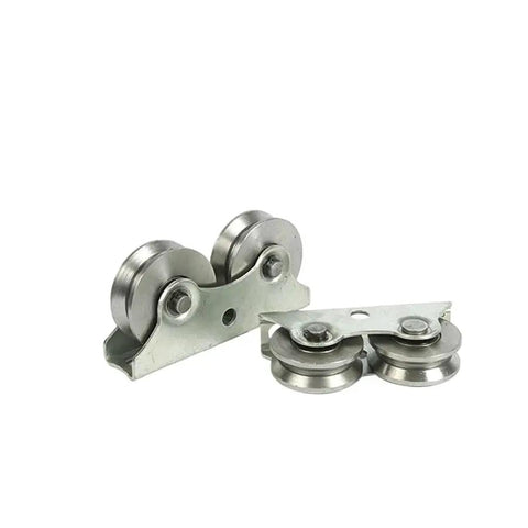 Top Shelf Iron Sliding Door V Wheel Track Rollers For Courtyard Gates And Fence Systems Featuring Smooth As Butter Glide Industrial Grade Replacement Hardware Set, showing detailed iron rollers.