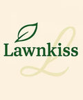 Lawnkiss logo with green leaf above stylized script L on a beige background