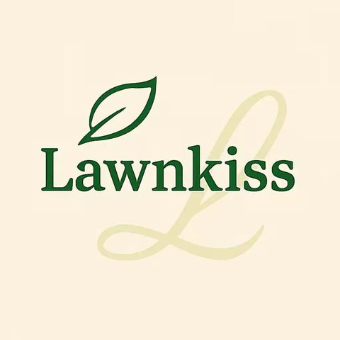 Lawnkiss logo with green leaf above stylized script L on a beige background