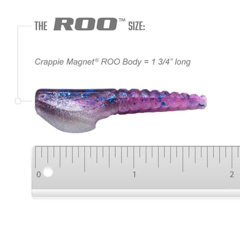 Roo Kit 62 Piece Crappie Fishing Kit With Shad Mimic Lures Shad Belly Design 1 3/4 inch long next to ruler for size reference