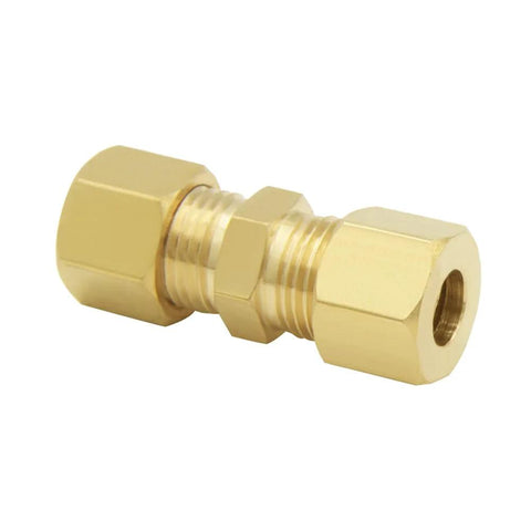 Brass compression fittings ice maker, solid brass tube connector for joining 1/4 inch tubing, corrosion resistant, ideal for appliance lines.