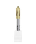 Close-up of a 60° V-groove carbide end mill with 1/4 in shank, 4 flutes, ZrN coating