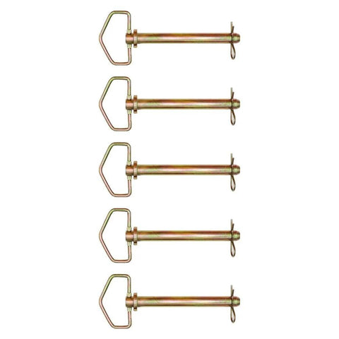 Set Of Five Cold Forged Three Quarter Inch Diameter Six And A Quarter Inch Usable Length Swivel Handle Hitch Pins displayed