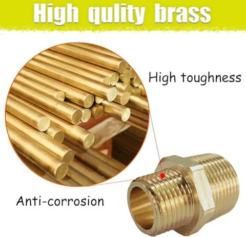 Brass reducing hex nipple, 1/2 in NPT male to 3/8 in NPT male; front view pipe fitting adapter with brass texture