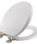 Soft Close Toilet Seat With Brushed Nickel Hinges, Round, High Density Enameled Wood, White, No Slam, Never Loosen, STA-TITE Fastening System