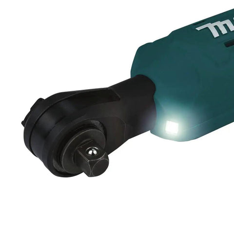 Close-up of 18V Cordless Ratchet Workhorse with Three Eighths And One Quarter Square Drives, illuminated with LED light, Tool Only
