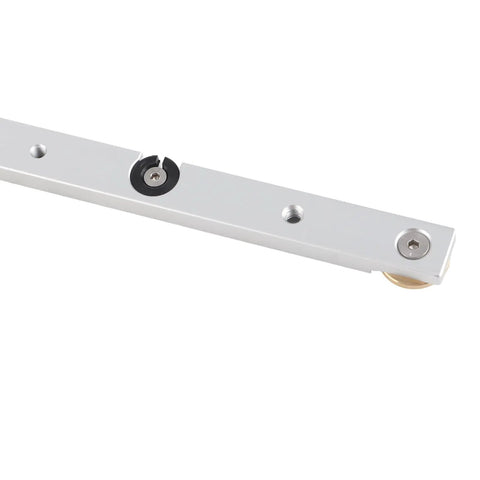 Pro Grade Aluminum Miter Bar For Table Saws And Router Tables, Adjustable M6 Crosscut Sled shown in close-up of slotted guide rail