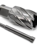Front view of annular cutter with 1-1/16 in diameter and 3/4 in Weldon shank, shown with pilot rod for magnetic drill press