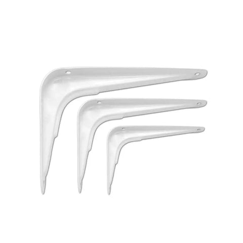 Rock Solid White Wall Mount Shelf Brackets Heavy Duty L Angle Furniture Supports Rust Resistant Waterproof Metal Hardware 2 Pack set of three sizes