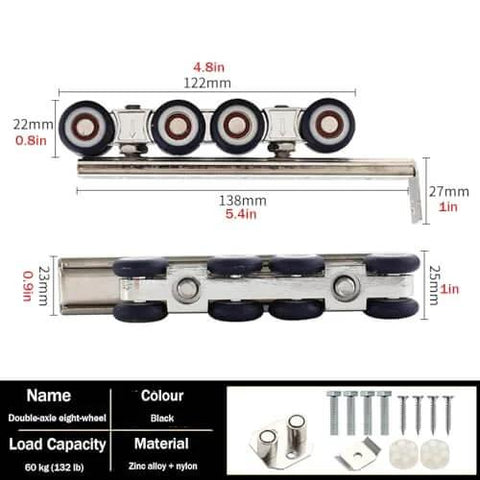 Go-To Heavy Duty Sliding Door Hardware Kit For Double Barn Doors With Soft Close Bypass Track System Wall Or Ceiling Mount 39 Inch Aluminum Rail For Closet And Home Decor Easy Install, components including rollers and hardware on display