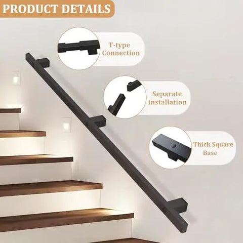 Built Like A Tank With Killer Grip Wall Mounted Stair Handrail Black Wrought Iron Square Tube with T-type connection details.