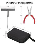 Knuckle Tough Roadside Flat Tire Repair Kit 61 Piece Set dimensions showing steel pliers, tread repair tool, and carrying case.