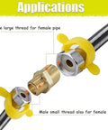 Front view of brass 1/2 in NPT to 3/8 in NPT male reducer nipple with hex body, flanked by yellow valve handles.