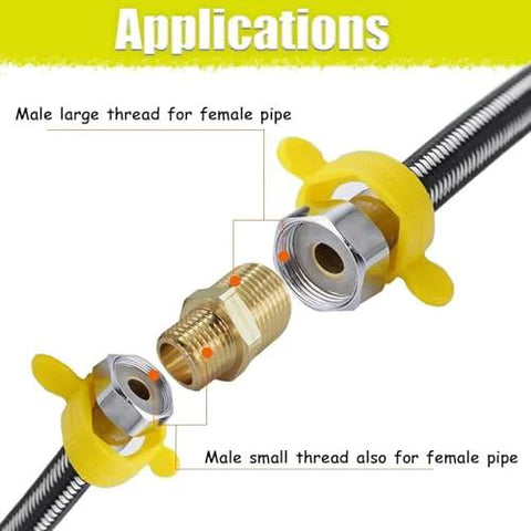 Front view of brass 1/2 in NPT to 3/8 in NPT male reducer nipple with hex body, flanked by yellow valve handles.