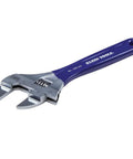 Slimmer Jaw Adjustable Wrench With Forged Construction And High Polish Chrome Finish 8 Inch, blue handle, close view.