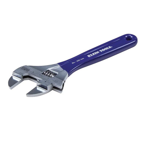Slimmer Jaw Adjustable Wrench With Forged Construction And High Polish Chrome Finish 8 Inch, blue handle, close view.