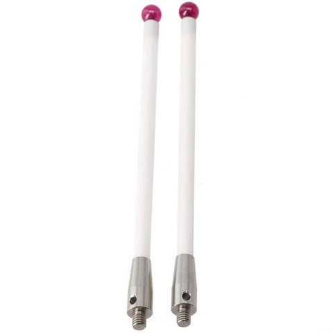 Front view of two ceramic stylus test probes with 100mm stems, 6mm ball tips and metal threaded bases.