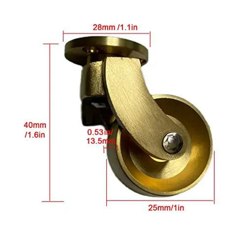 Heavy Duty Solid Brass Swivel Castor Wheels With Slick 360 Rotation And Dope Antique Vintage Gold Finish, 25mm diameter, 40mm height.