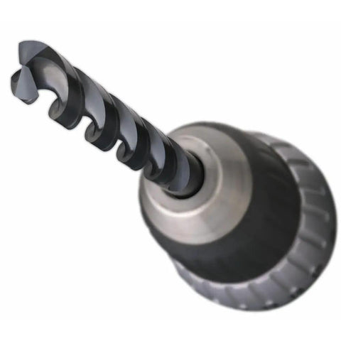 Built Tough 3 8 Inch By 12 Inch Aircraft Extended Drill Bit Featuring Durable Black Oxide Finish Speed Helix Flutes And High Speed Steel Core For Zero Sweat Metal Wood Drilling Jobs, close-up view of the drill bit.