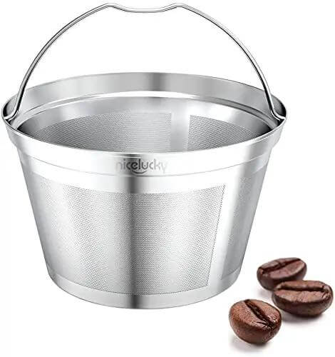 Reusable Stainless Steel Coffee Filter Basket For 8 To 12 Cup Brewers Permanent Replacement Filter That Keeps Natural Oils For Richer Flavor Smoother Coffee Budget Friendly And Cash Saving Fits Bunn Coffee Brewer next to coffee beans