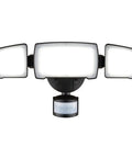 Patriot Lighting Tri-Head 180° Motion Sensing LED Black Security Flood Light Porch Light with adjustable heads.