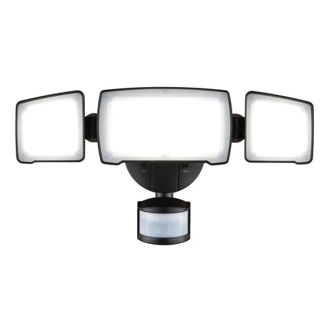 Patriot Lighting Tri-Head 180° Motion Sensing LED Black Security Flood Light Porch Light with adjustable heads.