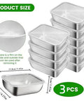 Stacked set of three stainless steel containers with clear lids, showing dimensions and film protection detail