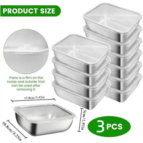 Stacked set of three stainless steel containers with clear lids, showing dimensions and film protection detail