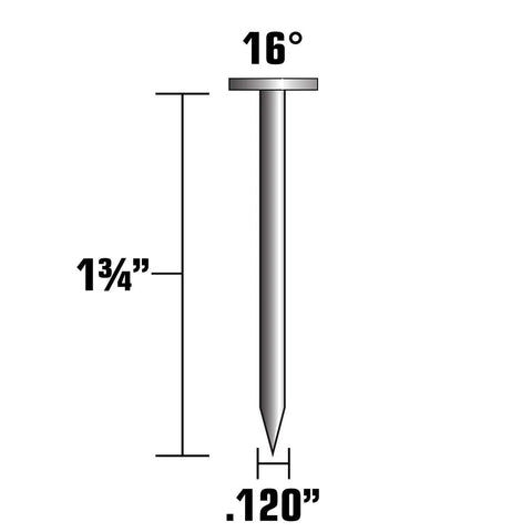 One And Three Quarters Inch Full Round Head Roofing Nails With Smooth Shank Electro Galvanized Wire Coil Go To Workhorse 7,200 Count 16 Degree Fits Most Full Round Head Nailers Durable Roofing And Shingle Construction Nails, showing nail dimensions and angle