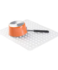 Kitchen Sink Protector Mat And Saddle Set Two Piece Quick Draining Bundle Includes One Sink Saddle And One Sink Mat with orange pot