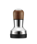 Premium 54mm Espresso Distribution Tool In Rich Walnut Wood For Perfect Puck Prep And Even Coffee Grounds Layout That Gonna Make Your Daily Grind Hit Different With Every Sip, featuring a stainless steel body and walnut handle.