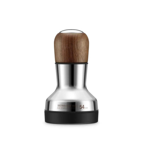 Premium 54mm Espresso Distribution Tool In Rich Walnut Wood For Perfect Puck Prep And Even Coffee Grounds Layout That Gonna Make Your Daily Grind Hit Different With Every Sip, featuring a stainless steel body and walnut handle.