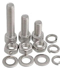 Front view of stainless steel SAE bolt and washer set with hex nuts and lock washers in six sizes (1/4-5/8 in)