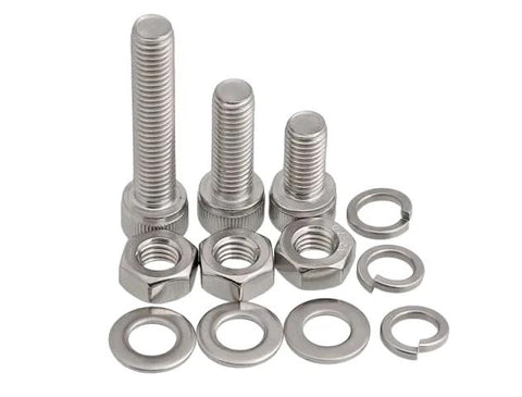 Front view of stainless steel SAE bolt and washer set with hex nuts and lock washers in six sizes (1/4-5/8 in)