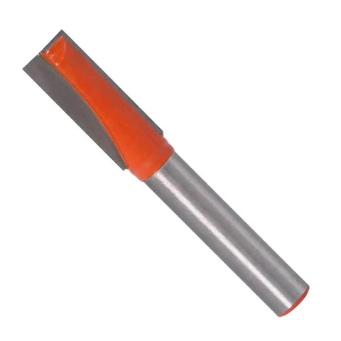 Get Fresh With 6-Piece ZGUZMCMK Tungsten Carbide Bottom Cleaning Router Bits close-up of orange-tipped router bit with 1/4 inch shank.