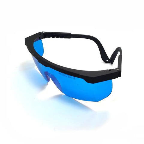 Heavy Duty Laser Safety Goggles For He Ne 632nm Red Beams Offering Hella Eye Shielding, blue tinted lens and sturdy frame.