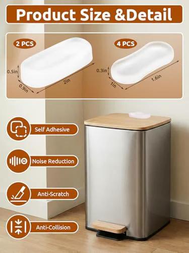 Transparent Wall Protectors Behind Trash Cans, 6 Pack Silicone Bumpers for Lids and Bodies, peel and stick scuff guards, size detail