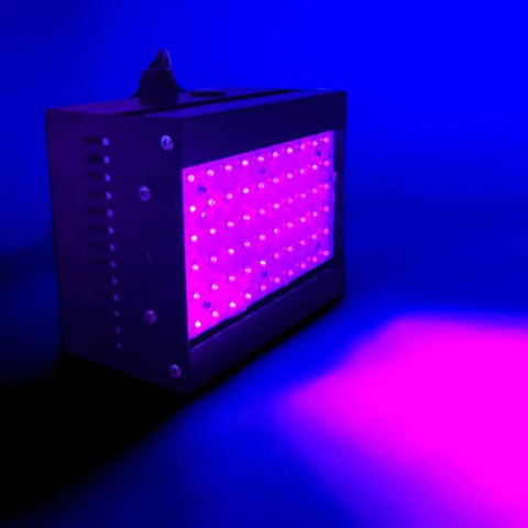Heavy Duty UV Curing Lamp For Flatbed 3D Printers Tackling Resin Ink And Paint Jobs Using Cold Light Rig With Switchable Wavelength Bands 1500W To 9000W illuminated against a blue background.