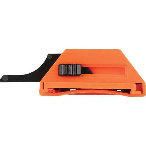 Orange utility knife blade dispenser with slider, holding fifty triple-ground blades for tough material cuts on job sites.