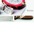 Crinkle cutter knife with wood handle and stainless steel wavy blade, side view.