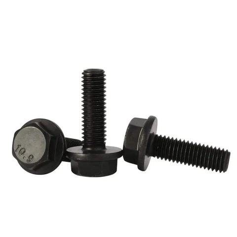 Top Tier M6x30mm Flanged Hex Bolt Set, Class 10.9 Alloy Steel Construction, Black Oxide Anti Rust Finish, 20 Piece Pack Of Tough As Nails Metric Hardware For Shop Projects displayed in various angles.