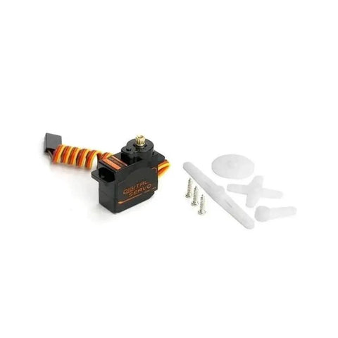 Badass Build Quality 12G Metal Digital Servo PWM For RC Helicopter With Snap Lock Mount and accessories on white background.
