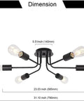 Six Light Semi Flush Mount Sputnik Ceiling Light Fixture Slick Black Metal Chandelier With E26 Base showing dimensions.
