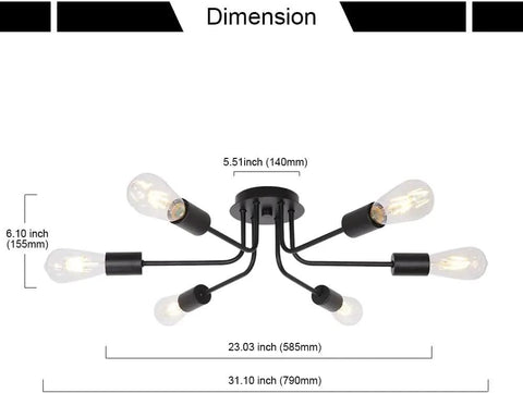 Six Light Semi Flush Mount Sputnik Ceiling Light Fixture Slick Black Metal Chandelier With E26 Base showing dimensions.