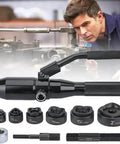 Manual Hydraulic Hole Punch Kit With Six Dies for Electrical Conduit and Metal Sheets, shown with black handle and dies.