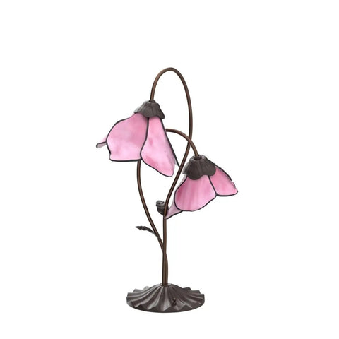 Flower Tiffany Style Stained Glass Table Lamp With 8 Inch Bent Glass Lampshade And Lily Pad Base Two Light Pink Desk Light