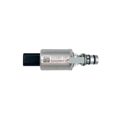 Heavy Duty Excavator Hydraulic Pump Proportional Solenoid Valve 1013365 24V Normally Closed Black Plug side view with label.
