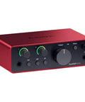Scarlett Solo USB-C Audio Interface 4th Gen, red and black design with control knobs, compact for home studio use.