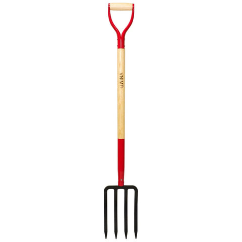 4-Tine Spading Garden Fork With Steel Digging Tines, 45 Inch Length, Y-Grip Wood Handle for compost and bed prep.